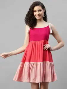 DEEBACO Colourblocked Sleeveless Tiered Fit & Flare Dress