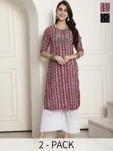 7Threads Selection Of 2 Printed Round Neck Crepe Straight Kurta