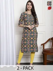 7Threads Selection Of 2 Printed Round Neck Crepe Straight Kurta