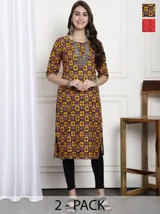 7Threads Selection Of 2 Ethnic Motifs Printed Round Neck Straight Crepe Kurta