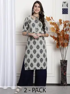7Threads Selection Of 2 Printed Round Neck Straight Kurtas
