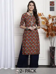 7Threads Selection Of 2 Printed Round Neck Crepe Straight Kurtas