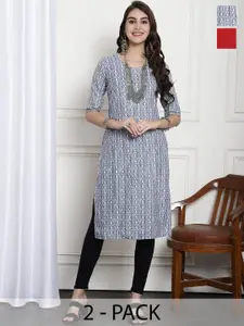 7Threads Selection Of 2 Printed Round Neck Crepe Straight Kurtas