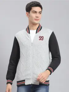 Monte Carlo Geometric Self Design Mock Collar Ribbed Front-Open Sweatshirt