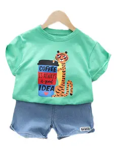 StyleCast Boys Green Typography Printed Pure Cotton T-shirt With Shorts