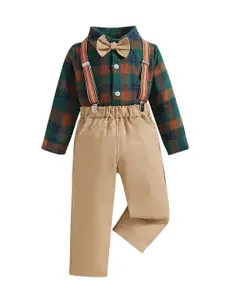 StyleCast Boys Khaki Checked Shirt & Trousers With Suspenders