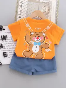 StyleCast Boys Orange Teddy Bear Printed Pure Cotton T-shirt With Shorts
