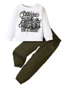 StyleCast Boys White & Green Graphic Printed T-shirt with Trousers