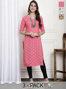 7Threads Selection Of 3 Ethnic Motifs Printed Straight Crepe Kurtas