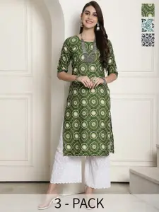 7Threads Pack of 3 Ethnic Motifs Printed Summer Sheers Crepe Kurta