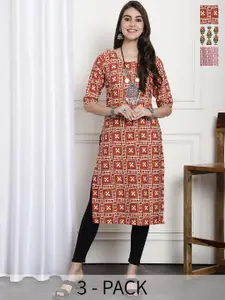 7Threads Selection Of 3 Printed Straight Crepe Kurtas
