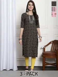 7Threads Selection Of 3 Printed Round Neck Crepe Straight Kurta
