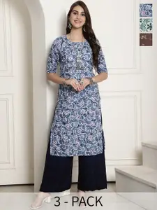 7Threads Selection Of 3 Printed Round Neck Crepe Straight Kurta