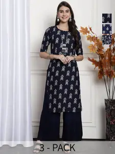 7Threads Selection Of 3 Printed Round Neck Crepe Straight Kurta