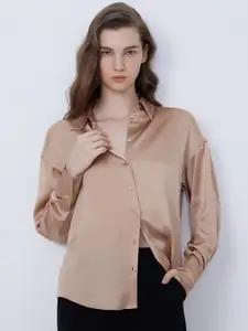 COVER STORY Beige Spread Collar Satin Casual Shirt