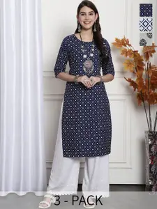 7Threads Selection Of 3 Printed Round Neck Crepe Straight Kurta
