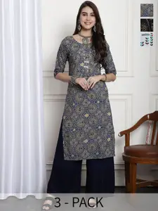 7Threads Pack of 3 Ethnic Motifs Printed Summer Sheers Crepe Kurta