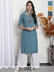 7Threads Selection Of 3 Ethnic Motifs Printed Straight Crepe Kurtas