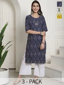 7Threads Selection Of 3 Printed Round Neck Crepe Straight Kurtas