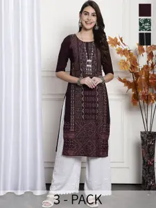 7Threads Selection Of 3 Ethnic Motifs Printed Straight Crepe Kurtas