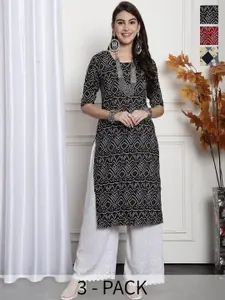 7Threads Selection Of 3 Ethnic Motifs Printed Straight Crepe Kurtas