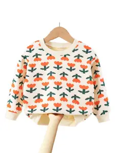StyleCast Girls Orange & Cream Floral Printed Cotton Pullover Sweater