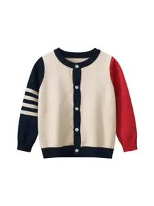 StyleCast Boys Beige & Navy Blue Colourblocked Cotton Cardigan