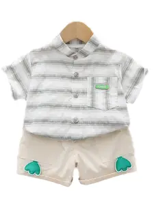 StyleCast Boys Green Striped Short Sleeves Band Collar Shirt With Shorts