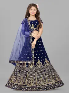 BAESD Girls Blue Embroidered Thread Work Semi-Stitched Lehenga & Unstitched Blouse With Dupatta