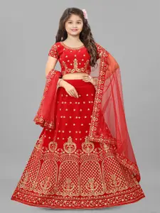 BAESD Girls Red Embroidered Thread Work Semi-Stitched Lehenga & Unstitched Blouse With Dupatta