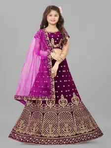 BAESD Girls Purple Embroidered Thread Work Semi-Stitched Lehenga & Unstitched Blouse With Dupatta