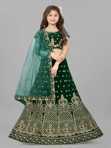 BAESD Girls Green Embroidered Thread Work Semi-Stitched Lehenga & Unstitched Blouse With Dupatta