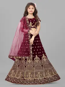 BAESD Girls Maroon Embroidered Thread Work Semi-Stitched Lehenga & Unstitched Blouse With Dupatta