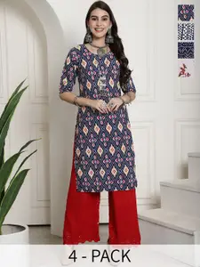 7Threads Selection Of 4 Ethnic Motifs Printed Straight Crepe Kurtas