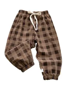 StyleCast Boys Brown Checked Loose Fit Easy Wash Trousers