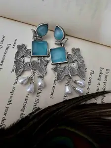 Binnis Wardrobe German Silver-Plated Stone-Studded Floral Drop Earrings