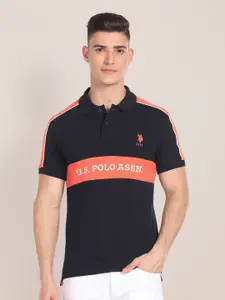U.S. Polo Assn. Colourblocked Polo Collar Pure Cotton Slim Fit T-shirt