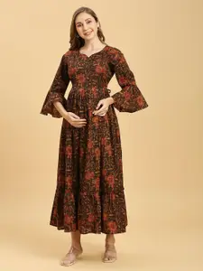 Aanyor Maternity Floral Printed Bell Sleeves Maxi Pure Cotton Fit & Flare Dress