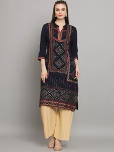 all about you Navy Blue Ethnic Motifs Foil Printed Straight Kurta