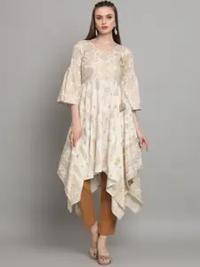 all about you Off White Ethnic Motifs Foil Printed Bell Sleeves Angrakha Cotton Kurta