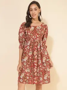 Janasya Floral Printed Square Neck Puff Sleeves Cotton Fit & Flare Dress