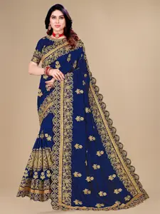 KALINI Blue Floral Embroidered Silk Blend Designer Saree