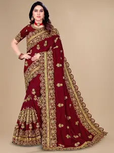 KALINI Maroon Floral Embroidered Silk Blend Designer Saree