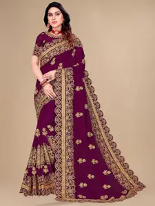 KALINI Purple Floral Embroidered Silk Blend Designer Saree