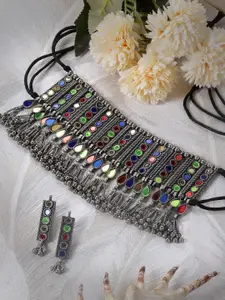 Moedbuille Silver-Plated Mirror Studded Tasselled Oxidised Necklace and Earrings