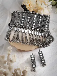 Moedbuille Silver-Plated Mirrors Studded & Beaded Tasselled Oxidised Necklace and Earrings
