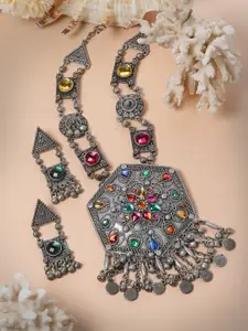 Moedbuille Silver-Plated Crystal Studded & Beaded Tasselled Designed Necklace & Earrings