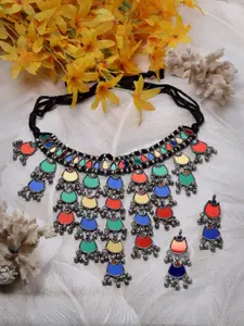 Moedbuille Silver-Plated Mirror Studded & Beaded Oxidised Necklace and Earrings