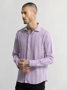 Snitch Purple Classic Slim Fit Striped Casual Shirt