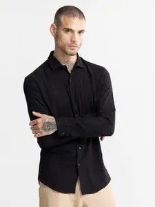 Snitch Black Classic Slim Fit Embroidered Casual Shirt